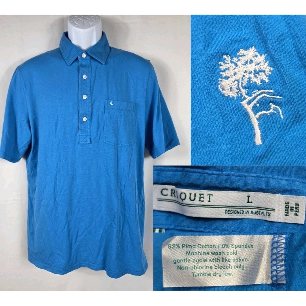 CRIQUET Mens Blue Pima Cotton Polo Shirt Size Large Short Sleeve Pullover 3079
